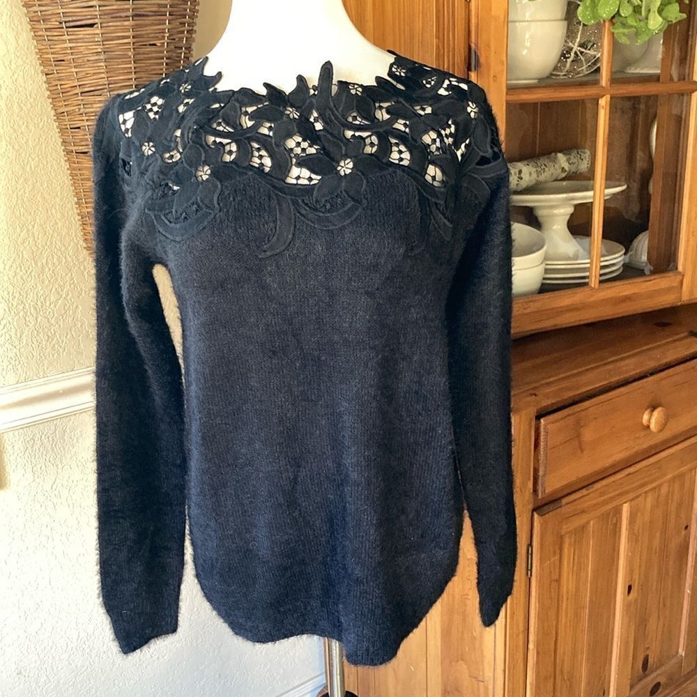 New Black Long Sleeve Fuzzy Lace Sweater Top Size S/M New